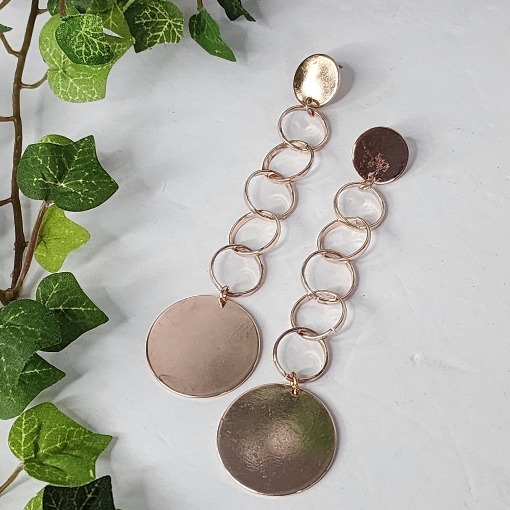 Rose Gold Long Coin Disc Drop Dangle Earrings